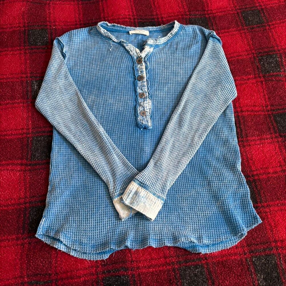 Blue Zenana Mineral Washed Thermal waffle knit long sleeve top button down top